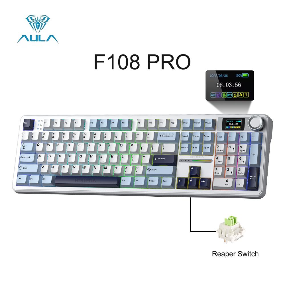 Aula F108 PRO Wireless Mechanical Keyboard with Screen Knob Full Size 8000mAh Battery RGB Backlit Hot Swappable Gaming Keyboard