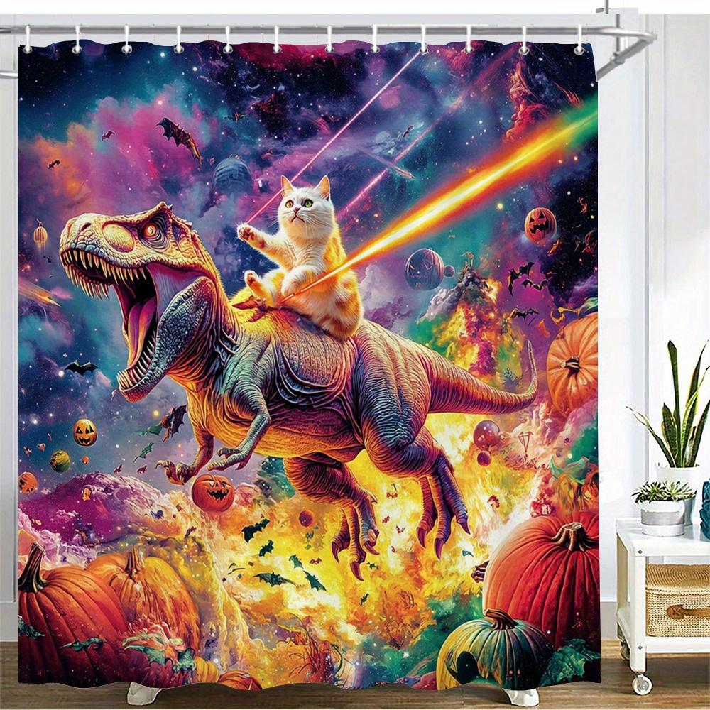 

Космический кот на динозавре Водонепроницаемая шторка для душа с защитой от плесени - Фантазийный дизайн для веселого оформления ванной W90XH180cm
