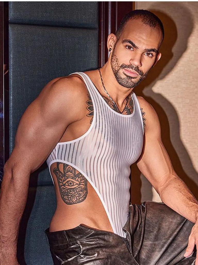 Sexy Herren Gestreifter Bodysuit Tops Schnalle Schritt Offen Reiz Nachtwäsche Durchsichtig Transparent Strumpfhosen Mann Tanga Schnitt Bodysuit Former