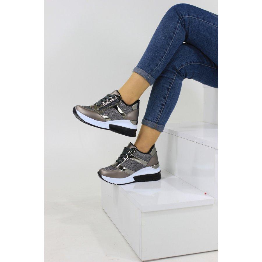 Women's Wedge Heeled Zippered Silvery Sneakers