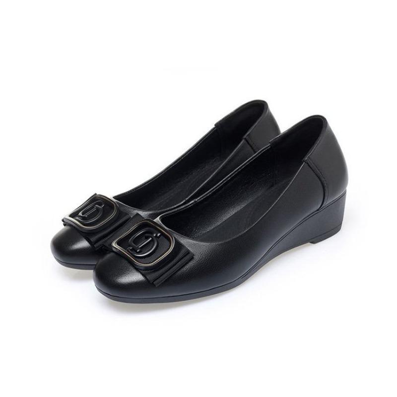 Shoes autumn new round head flat bottom women's leather shoes fashion versatile soft leather thick heel single shoes work shoes