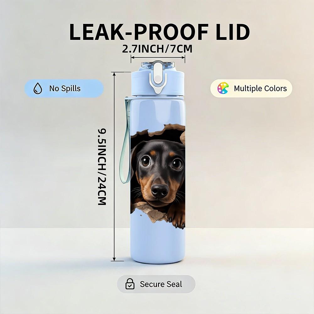 1PC Long Body Dachshund Dog Pet Print 750ml Color Plastic Sports Water Bottle Leakproof Flip Straw Lid Suitable for Sports Office Home Use
