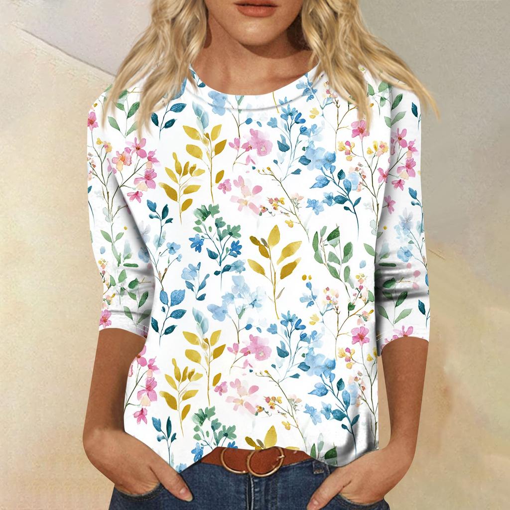Women Casual Round Neck Three Quarter Sleeve Floral Print T Shirt Top Lightweight Soft Fabric Comfortable Fit Spring Summer Wear