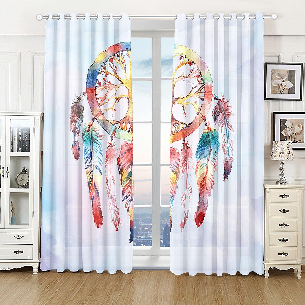 2pcs Window Curtain Boho Dream Catcher Curtains Bohemian Blackout Window Curtain for Girls Children Women Bedroom Feather