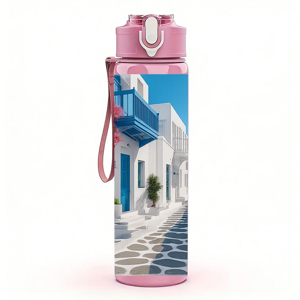 1PC Santorini Blue Street Building Print 750ml Color Plastic Sports Water Bottle Leakproof Flip Straw Lid Suitable for Sports Office Home Use