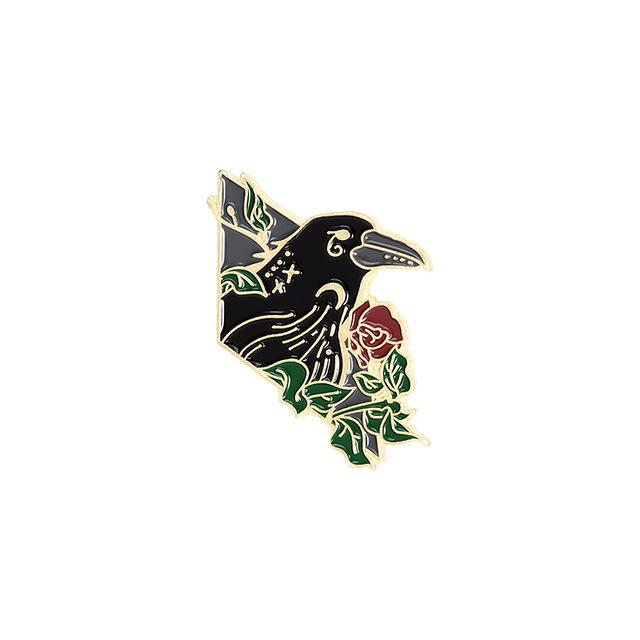 Crescent Ribbon Flower Brooch: Trendy Black Feather Crow Fashion Accessory