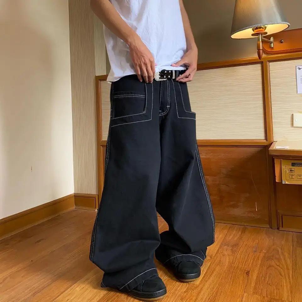 European High Street JNCO Pattern Embroidered Hip-Hop Loose Wide Leg Jeans