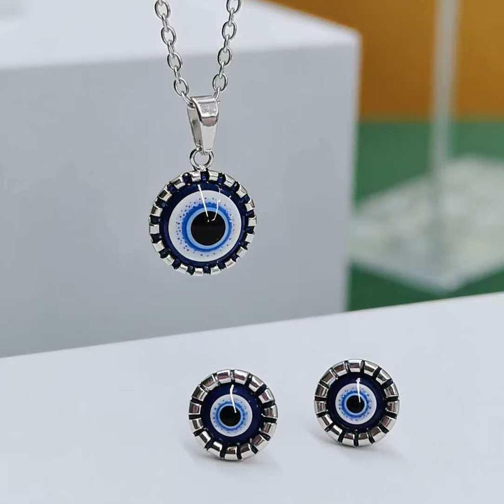 Turkish Blue Eye Jewelry Set: Fashionable European & American Earring Necklace Combo for Women