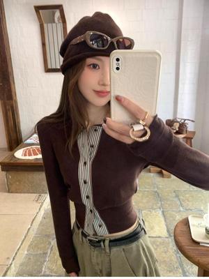 Korean-Style Coffee Color Faux Two-Piece Cotton Cardigan for Women, Petite Slimming Long-Sleeved Autumn Top