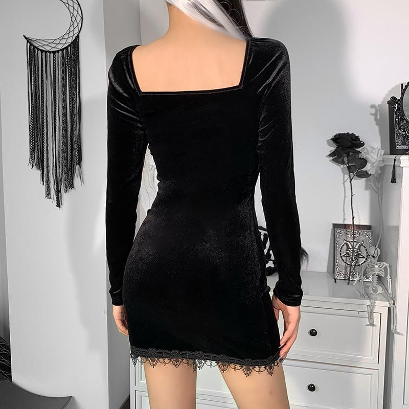 Gothic Retro Black Mini Dress High Waist Dress Street Dress Long Sleeve Party Dress