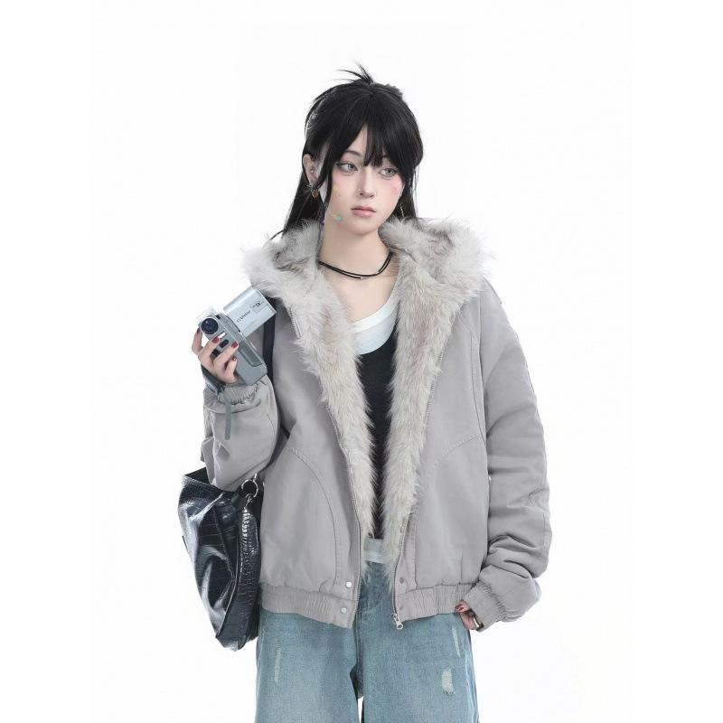 Winter Retro Fur Collar Women Padded Hooded Cotton-Padded Jacket Plush Casual Street Gothic Harajuku Oversize Coat