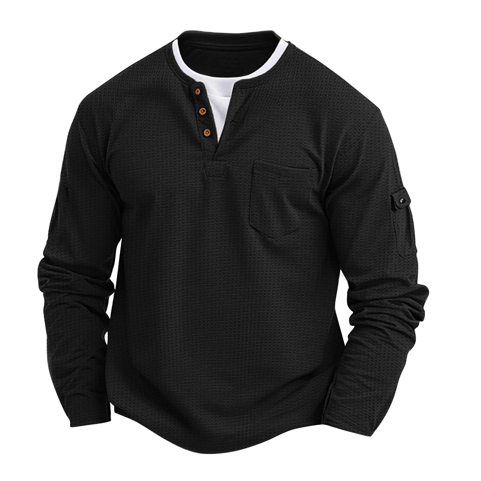 

Мужской весенний однотонный двухкомпонентный топ с V-образным вырезом и карманами, длинный рукав L чёрный