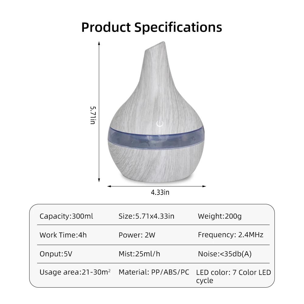 Wood Grain Aromatherapy Diffuser 300ml USB Humidifier with Essential Oils, Quiet Operation