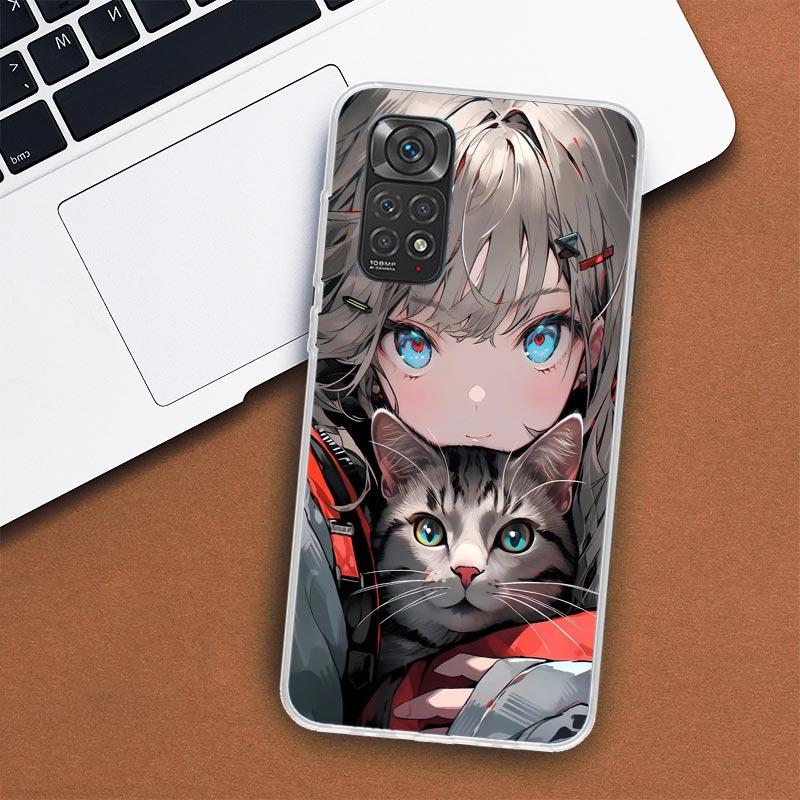 Anime Girls Cute Black Cat Phone Case For Xiaomi Redmi Note 12 12S 11 11S 10 10S 9 9S 11T 11E Pro Plus 8 8T 7 5 9T + Coque Cover