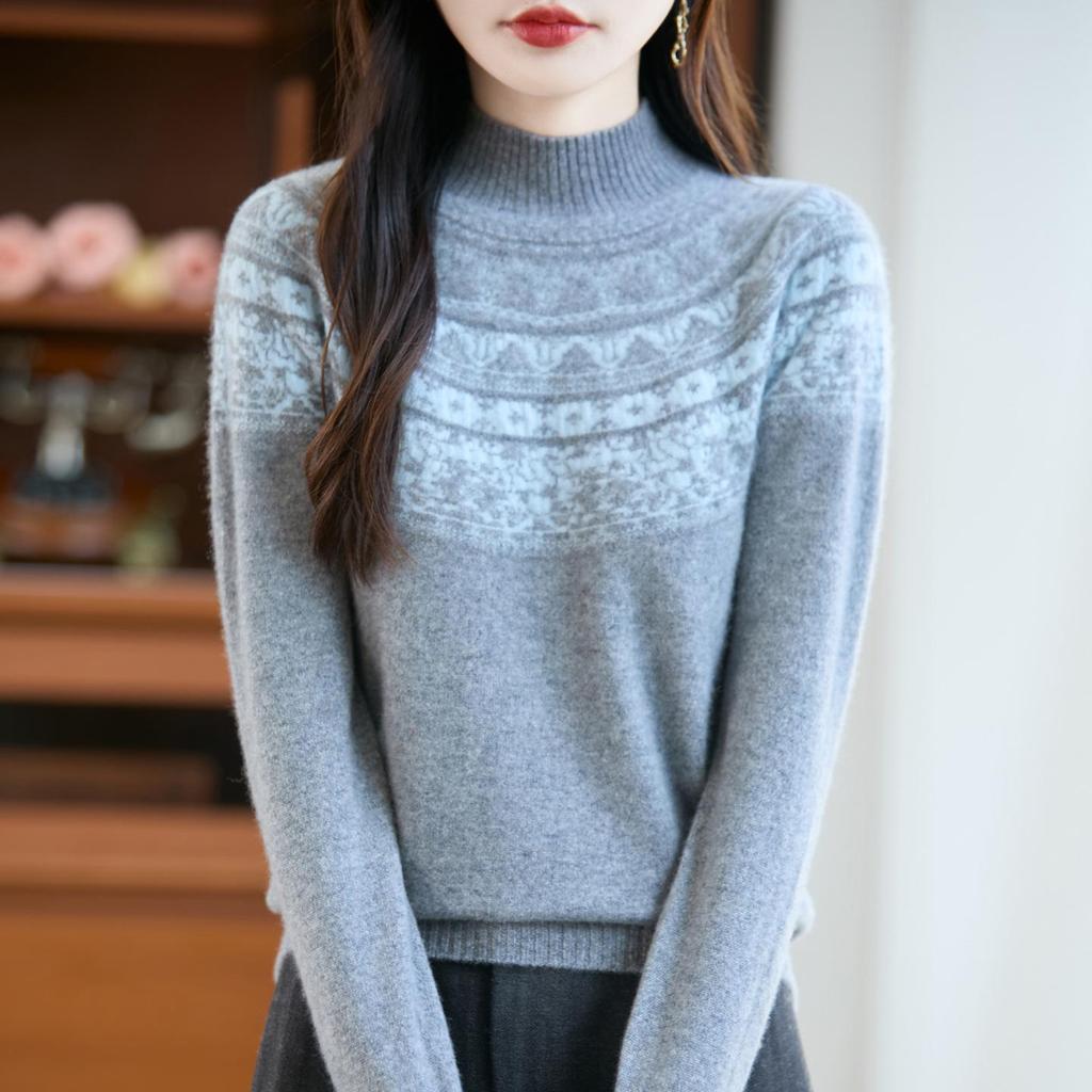 Women's Retro Fair Isle Pure Wool Sweater - Half-High Collar, Loose, Versatile Winter Knitwear