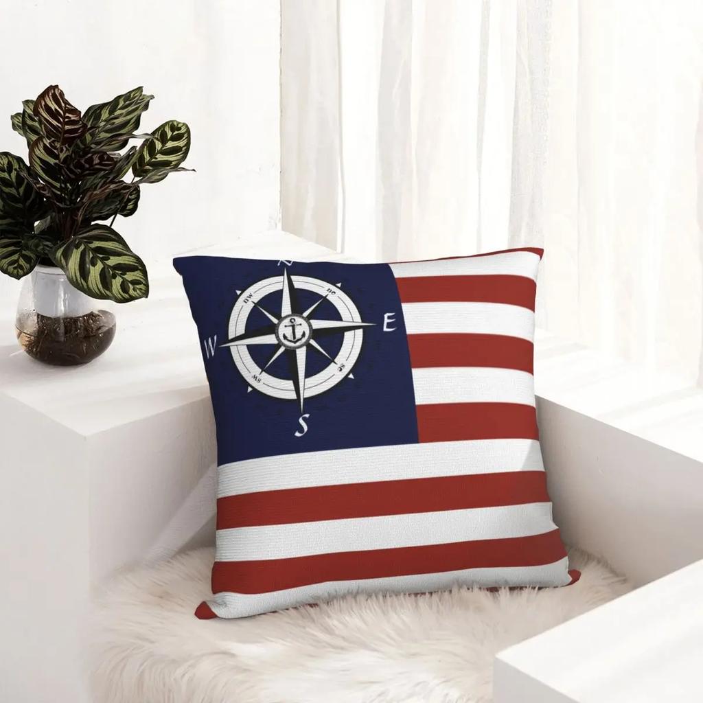 Nautischer Segelboot Kompass Amerikanische Flagge Streifen Kissenbezug Druck Kissenbezug Dekoration Wurfkissenbezug Wohnzimmer