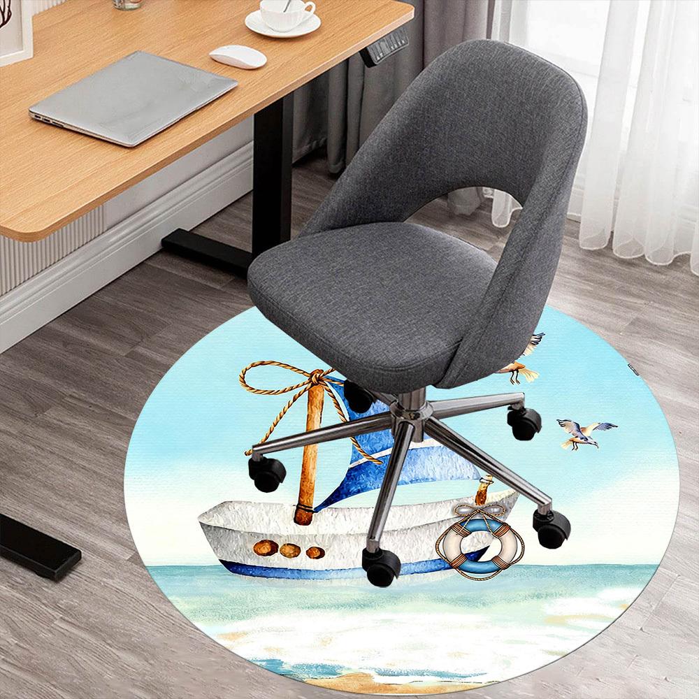 1pc Sailboat Seagulls Round Chair mat office Area Rug - Non-Slip, Floor Mat for Office, Bedroom, and Indoor Decor p127270