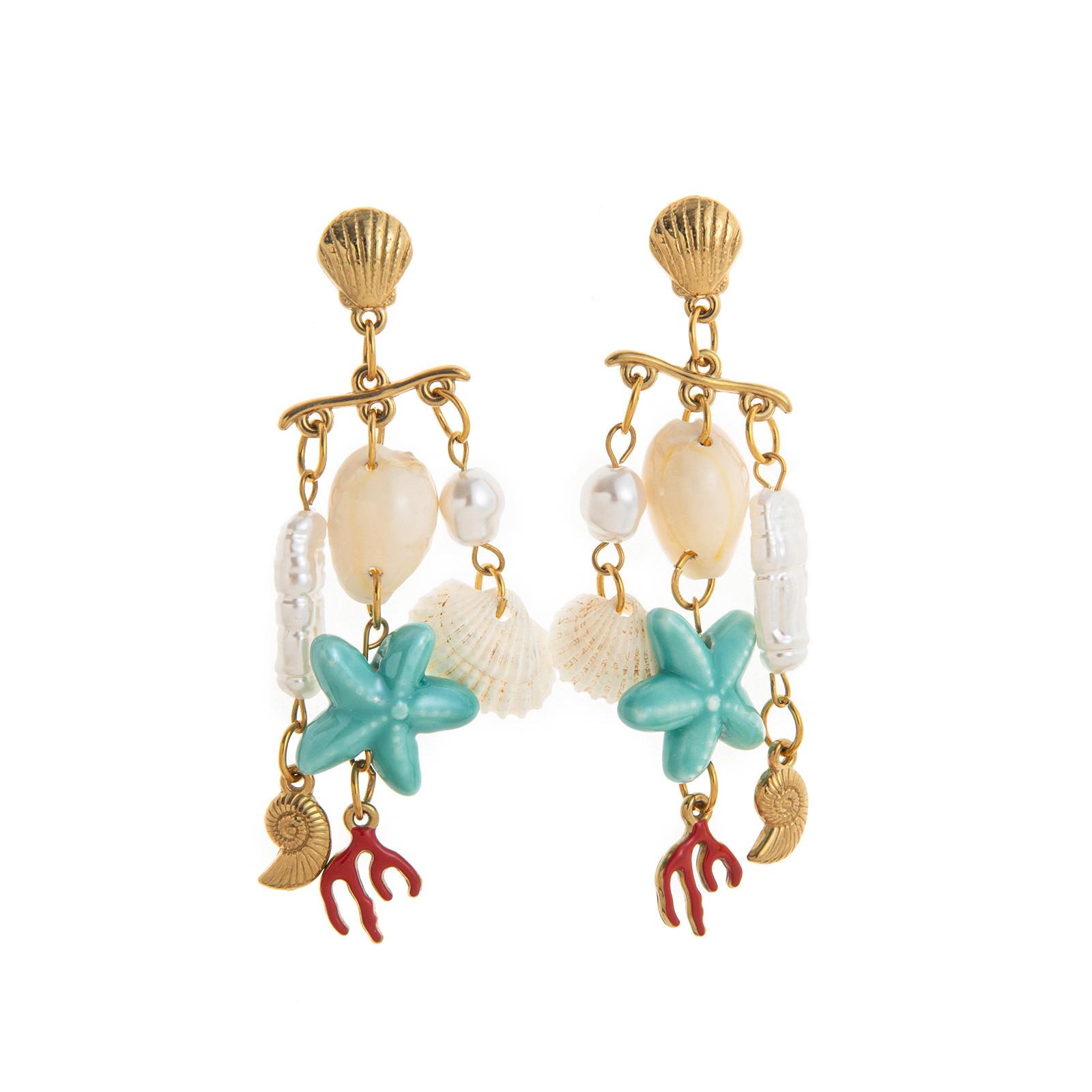 Stainless Steel Ocean Series Seashell  Fish Gold-Plated Earrings