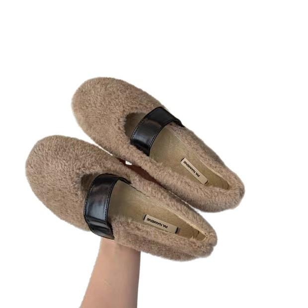 In the Autumn and Winter of 2025, the New Fashionable and Versatile Flat-bottomed One-word Belt, Doudou Shoes, Velvet Warm Single Shoes, Mao Mao 