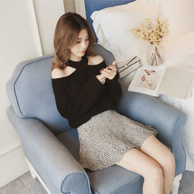 

Сексуальный пуловер с висячим воротником, однотонный повседневный свитер с открытыми плечами, осень-зима, корейский трикотаж, вязаный свитер с длинными рукавами, куртка, верхняя одежда M чёрный