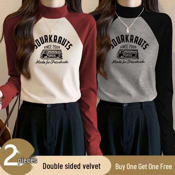 

Немецкий бархатный свитер с высоким воротником и цветными блоками, женская зимняя рубашка облегающего кроя L (105-115 jin) абрикосовый/вино красного