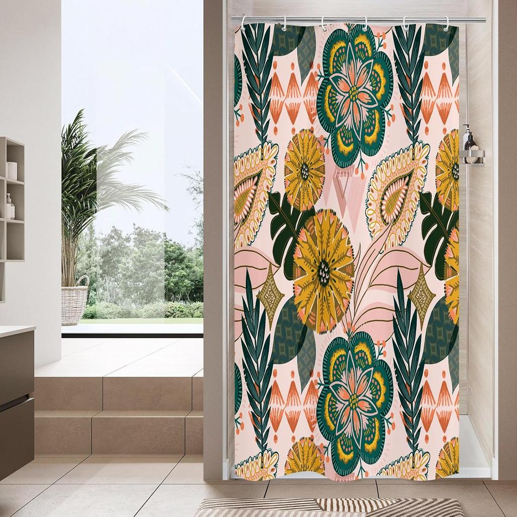 Boho Floral Shower Curtain, Tropical Leaves Fabric Cloth Shower Curtains for Chic Elegant Bathroom Decor, Modern Curtain