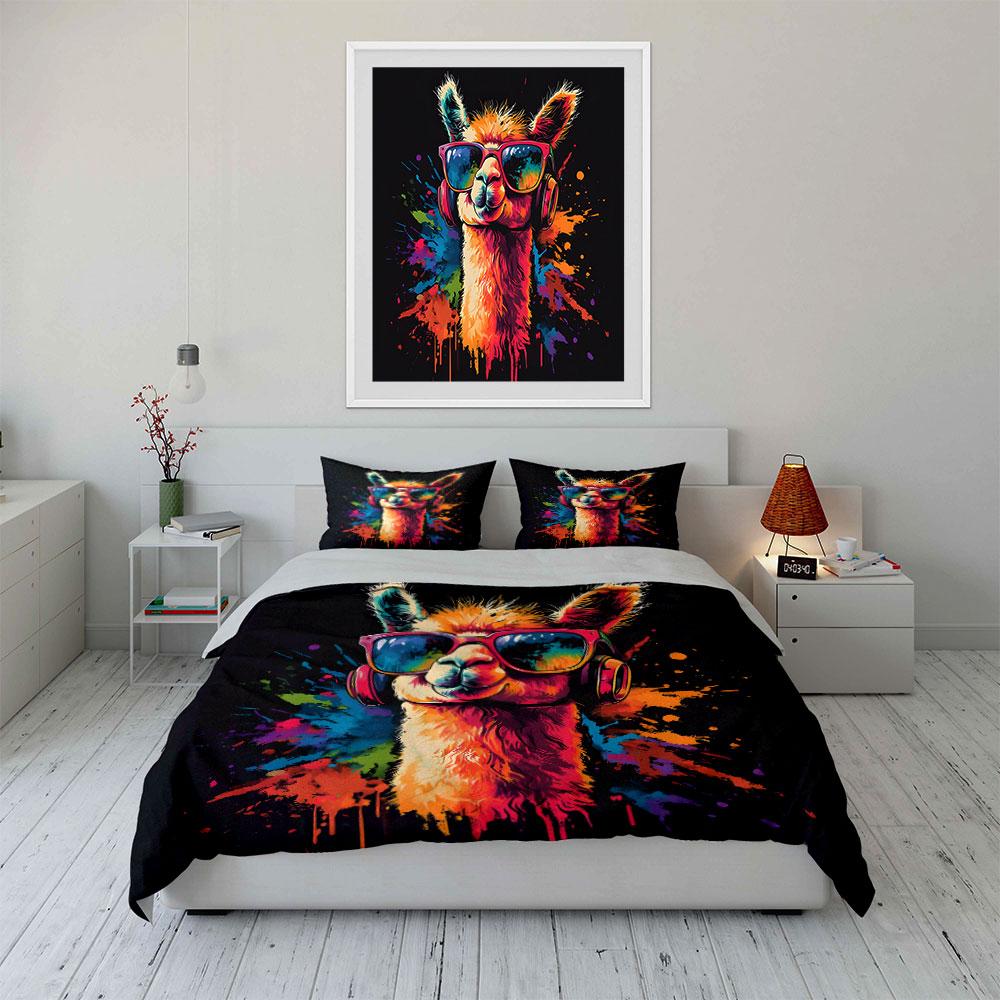 3pcs Colorful Llama with Glasses Print Bedding Set 1 Duvet Cover 2 Pillowcases for Adult and Children Luxury Gift Full Size