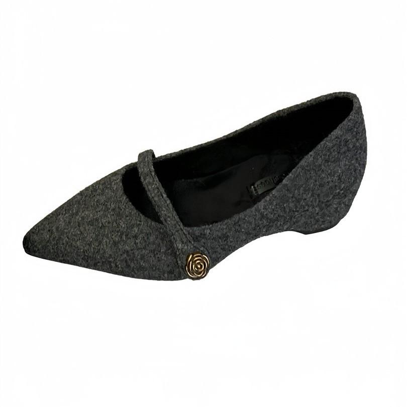French High-end Woolen One-word Mary Jane Shoes 2025 Spring and Autumn New Flower Buckle Commuter Thick Heel Shoes
