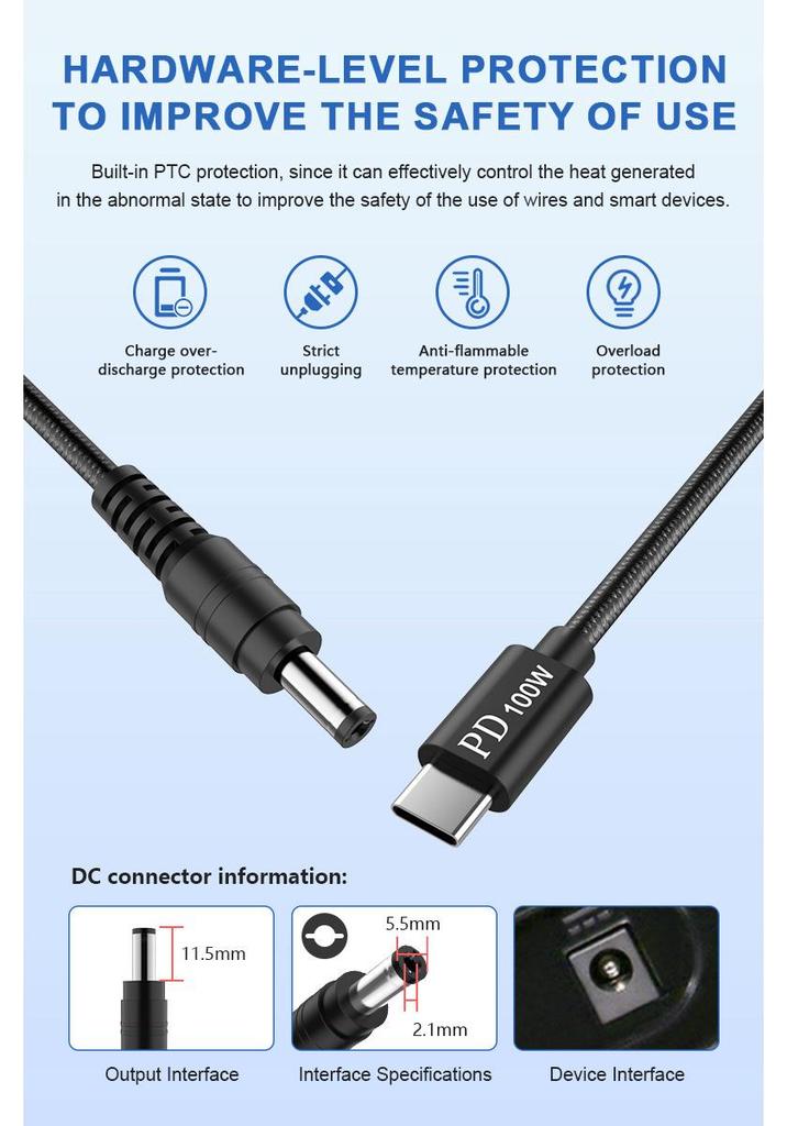 Type-C to DC 100W Fast Charging Cable for HP, Lenovo, Dell Laptops - 2 Meters