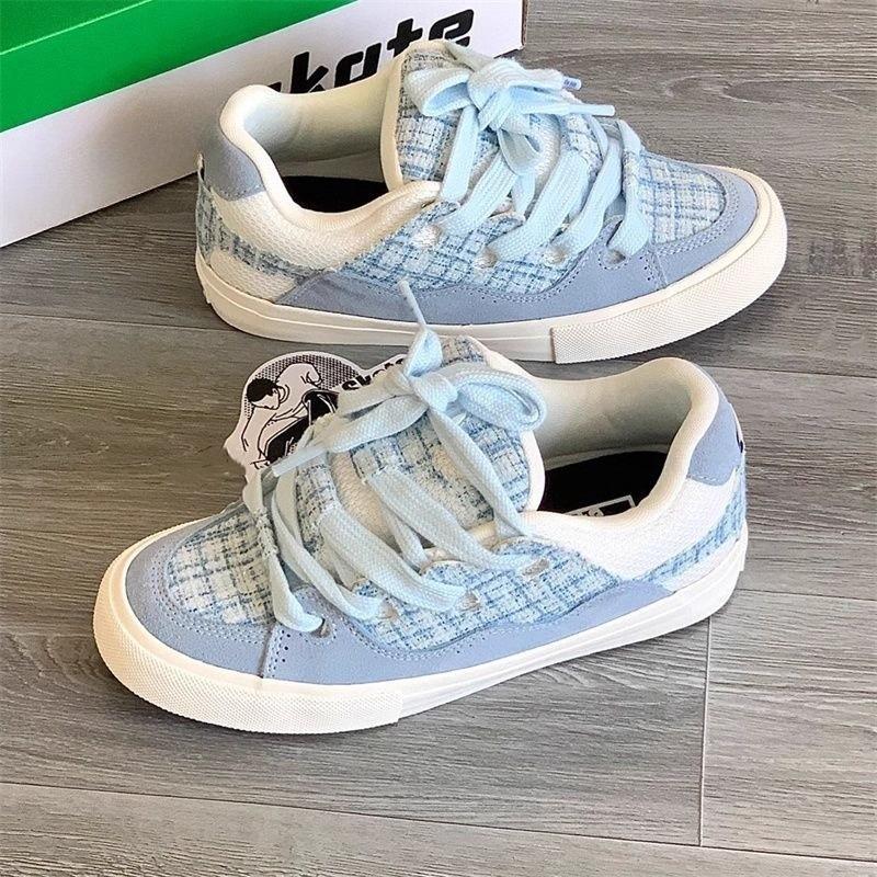 

Оригинальные светло-голубые клетчатые туфли-хлебцы женские, дизайн высокой ценности, повседневная обувь, классические универсальные кеды 40