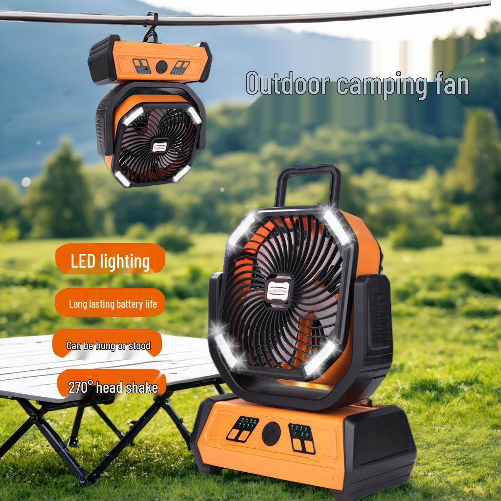 Portable Silent Camping Fan with Light & USB Charging - Large Capacity Outdoor & Fishing Oscillating Fan