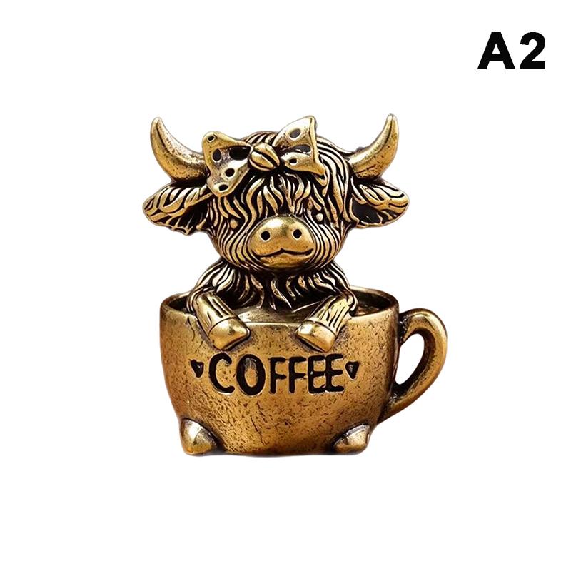 Vintage Lucky Fengshui Highland Cow Figurine Mini Solid Brass Bull Statue for Home Office Desk Decor Animal Collection Gift