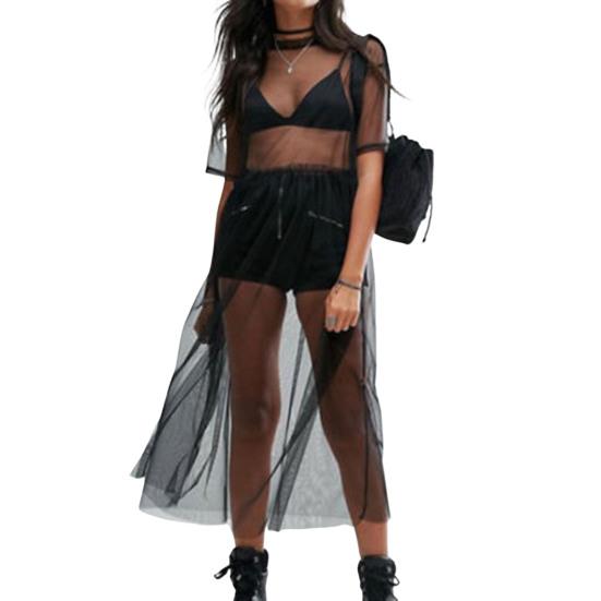Anti-UV Thin Trendy Flowy Hem See-through Bikini Cover Up Dress