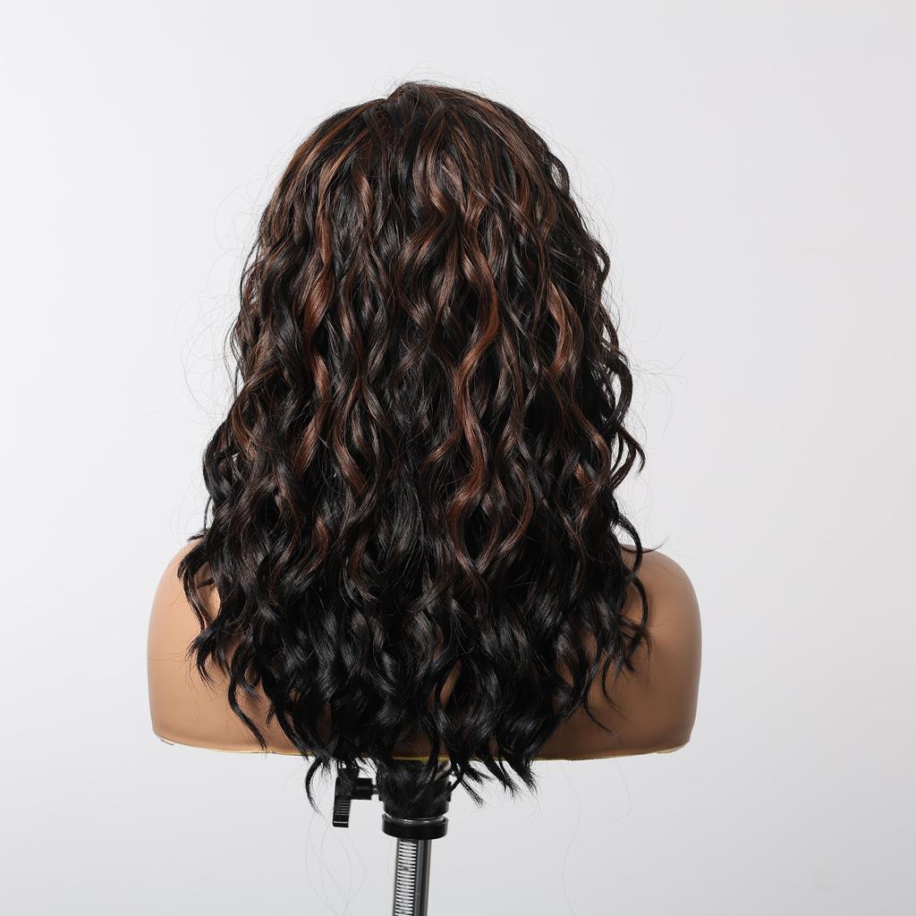 ALAN EATON Medium Length Lace Synthetic Wigs Wavy Red Brown Highlight Wig for Black White Women Natural High Density 18inch