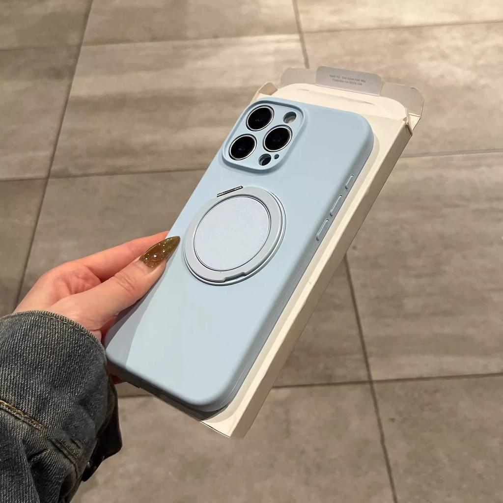 Suitable for Ip16pm Liquid Silicone Magnetic Rotating Stand, Apple 15pro Fine Hole Full Cover Solid Color 14p Protective Case