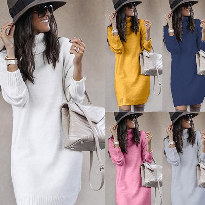 Bianco Rosa Donna Inverno Lento Abito Maglione Lunghezza Ginocchio Abito Manica Lunga Autunno Collo Alto Caldo Lavorato a Maglia Casual