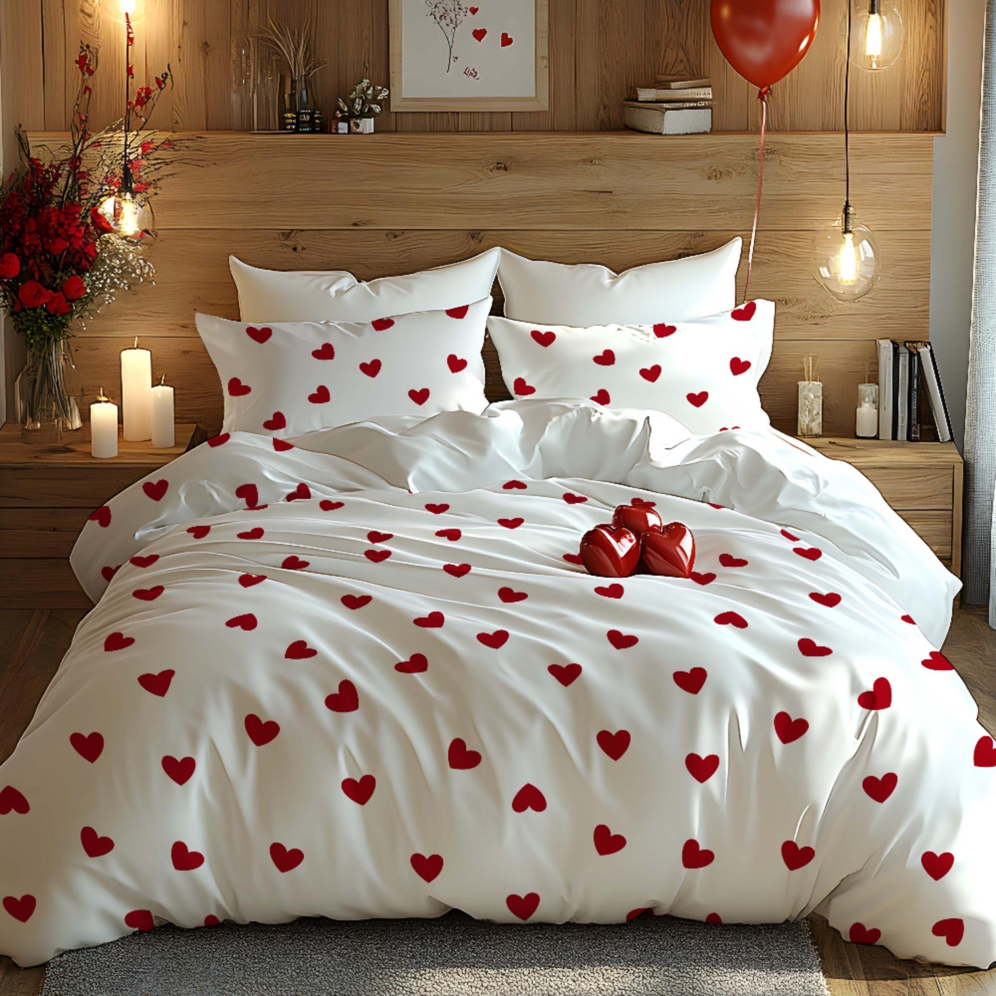 Ensemble de literie imprimé cœur rouge Style minimaliste Ins Ensemble housse de couette Drap doux Taies d'oreiller Pour couple Mariage Chambre à coucher Maison 135×200cm