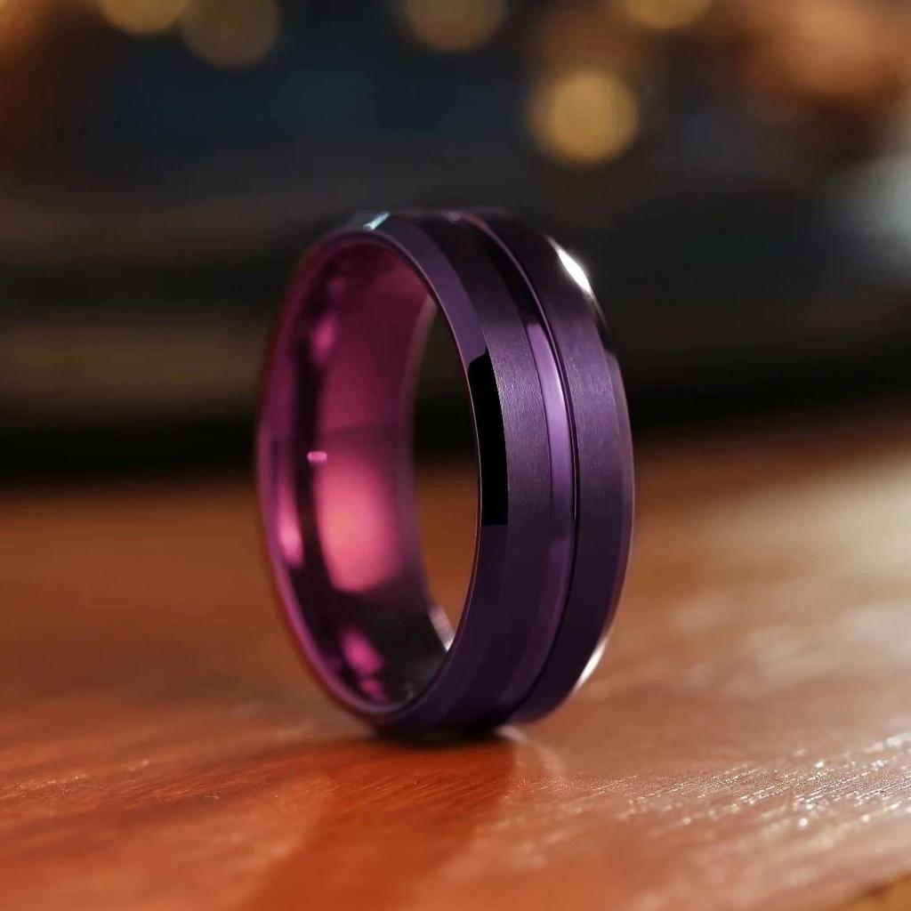 8mm Purple Stainless Steel Rings For Men Women Purple Color Brushed Beveled Edge Men Promise Rings Wedding Bands Jewelry