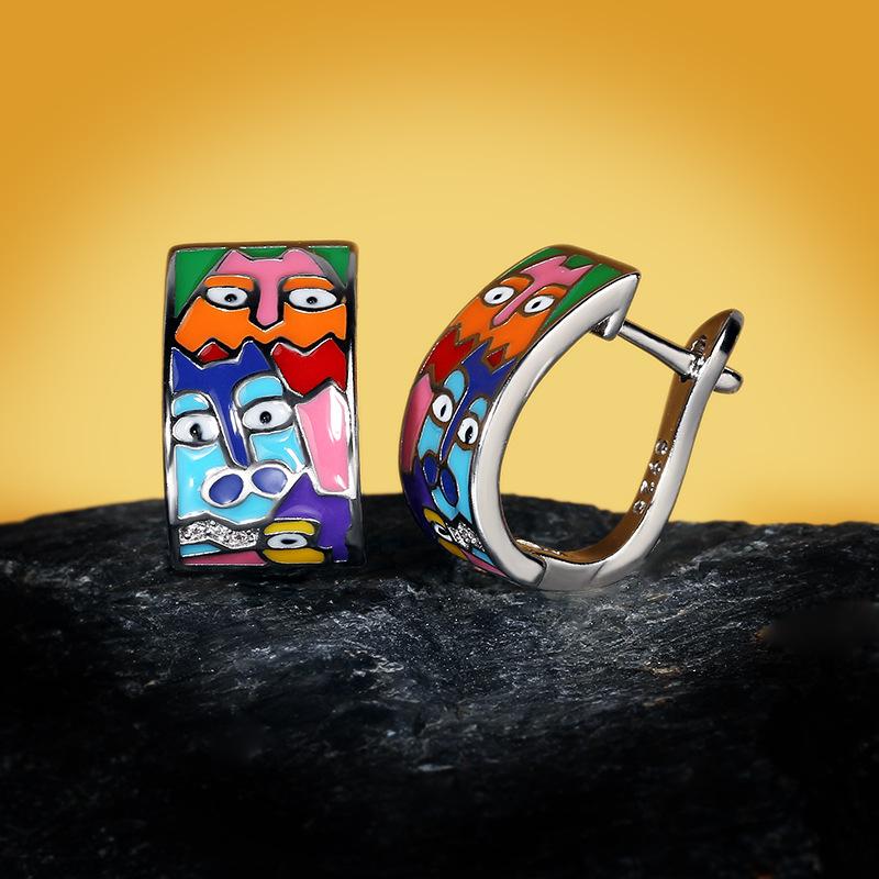 Stilvolle Damen-Silberohrringe, versilberte Gesichtsohrringe, Damen-Party-Mode-Accessoires, bunte Emaille, handgefertigt