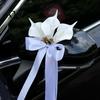 Rearview Mirror Ribbon Bows Calla Lily Wedding Car Door Handle Decorative Flower, White Artificial Flower Bouquet Elegant Gold Bead Satin Streamers