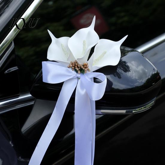 Rearview Mirror Ribbon Bows Calla Lily Wedding Car Door Handle Decorative Flower, White Artificial Flower Bouquet Elegant Gold Bead Satin Streamers