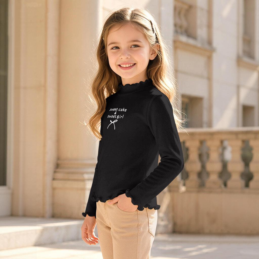 Girls' Fashion High Neck Long Sleeve Top for Casual Everyday Wear