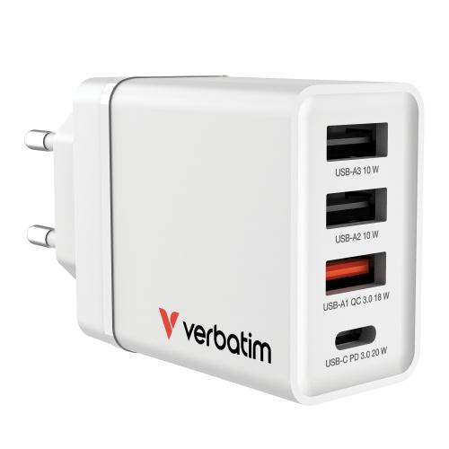 Verbatim 49701 USB Charger 30W 4-Port USB-A, USB-C, EU Plug, White