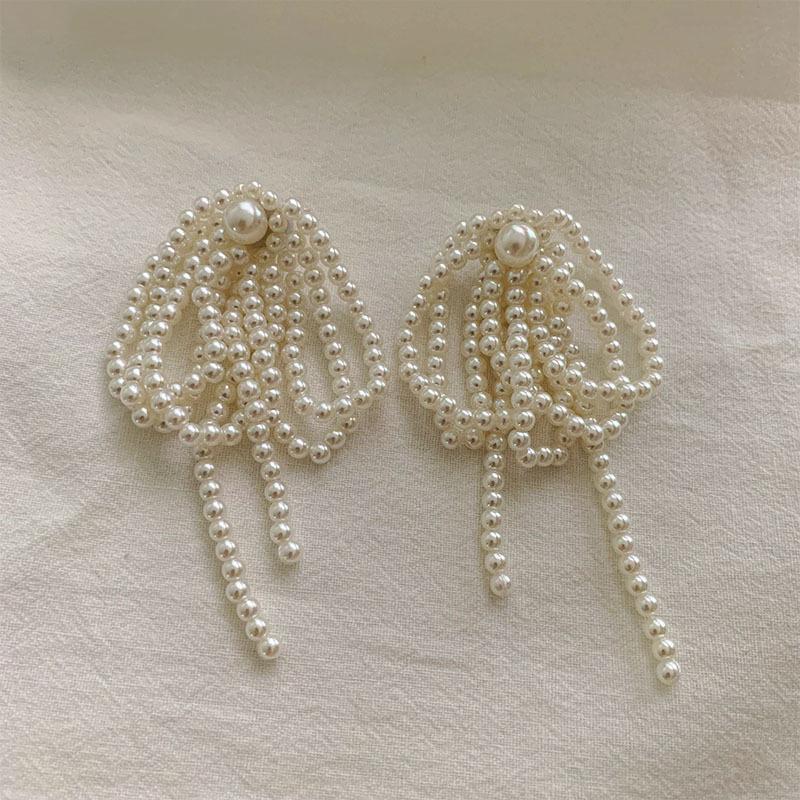Korean Dongdaemun Style Long Pearl Bow Earrings - Influencer Super Fairy Exaggerated Dangle Design