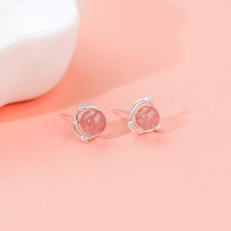 Sterling Silver Strawberry Crystal Zircon Womens Stud Earrings Niche Design Ear Jewelry