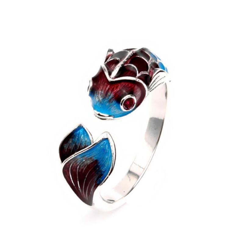Creative Lucky Transfer Epoxy Blue Carp 925 Sterling Silver Jewelry Personality Colorful Fish Sweet Animal Opening Rings R318