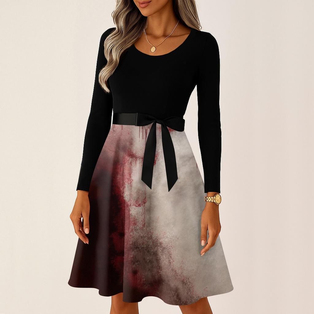 Women's Casual Long Sleeve Halloween Print Vintage Dress Round Neck A-Line Fit and Flare Midi Dress with Bowknot Waist