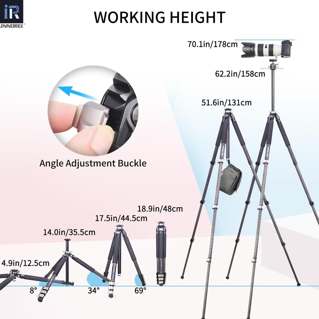 INNOREL GT254CF Carbon Fiber Tripod with Quick Lever Irregular Center 15kg Maximum Load Working Pipe Panoramic Macro Center and Bag Included Lock,