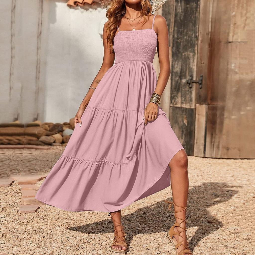 Strapless Dress For Women Solid Color Summer Beach Boho Smocked Tube Top Straps Swing Dress