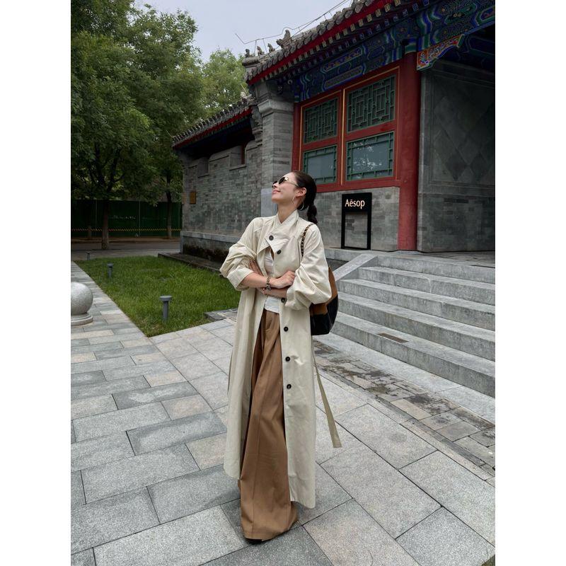 Kumikumi Fancy Beige Apricot Single-Breasted Strap Trench Coat Outwear Women's Autumn Loose Casual Pants Two-piece Set